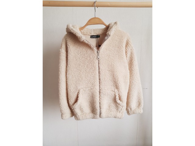 * 5-14 Yaş Unisex Kapüşonlu Polar Teddy Ceket - Ekru