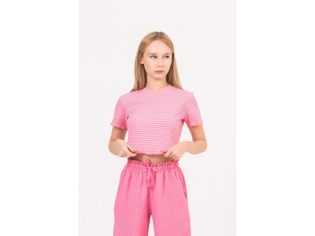 - 8-14 Yaş Kız Çocuk Çizgili Crop Tshirt - Pembe 