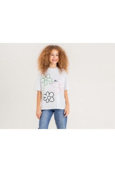 - 8-14 Yaş Kız Çocuk Flower Tshirt - Ekru