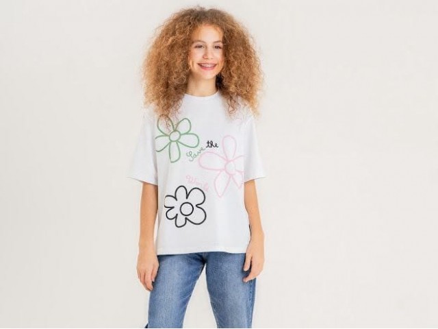 - 8-14 Yaş Kız Çocuk Flower Tshirt - Ekru